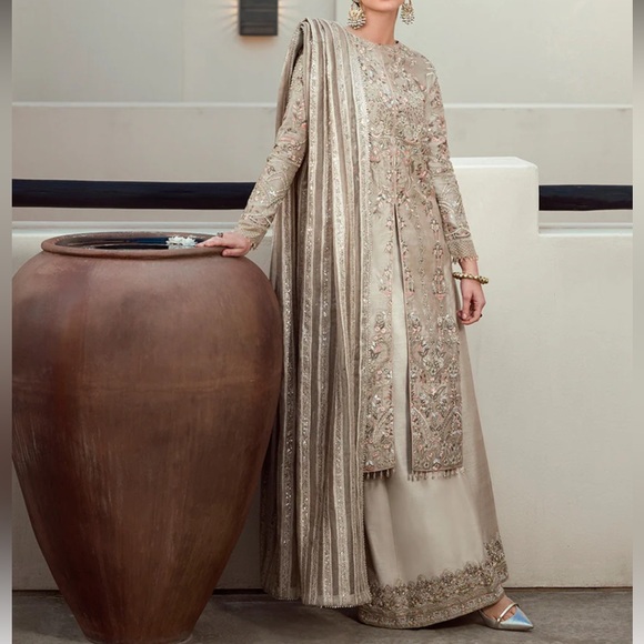 Faiza Saqlain Dresses & Skirts - Elegant Embroidered Beige gold Dress Faiza Saqlain